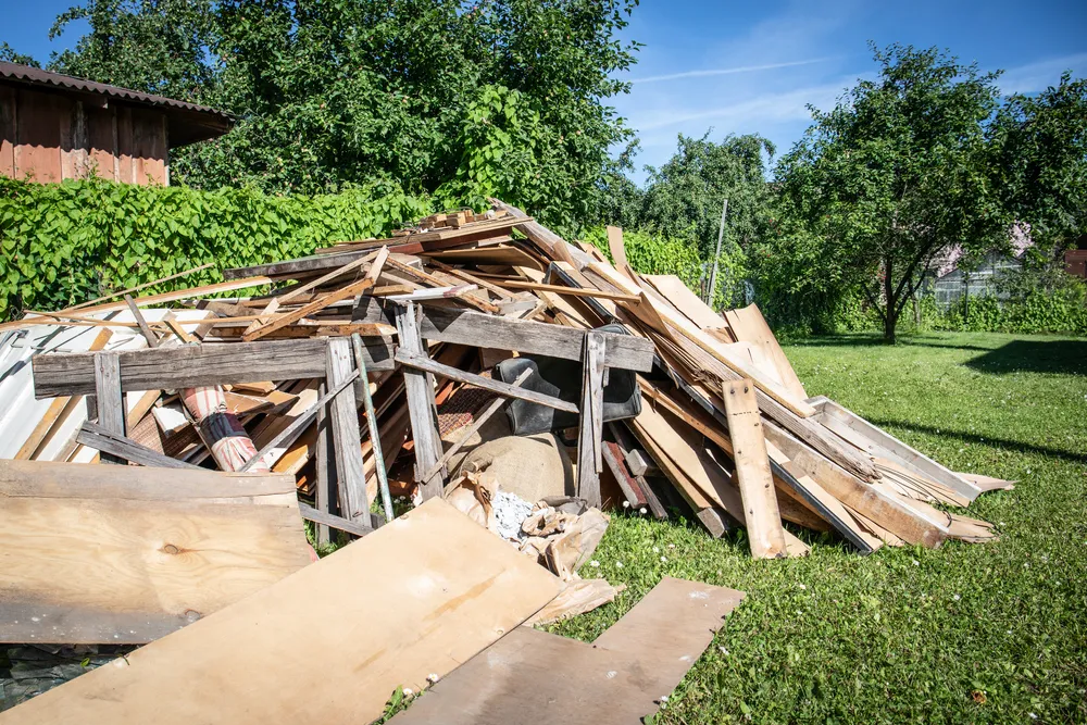 Pile of broken wood and construction debris