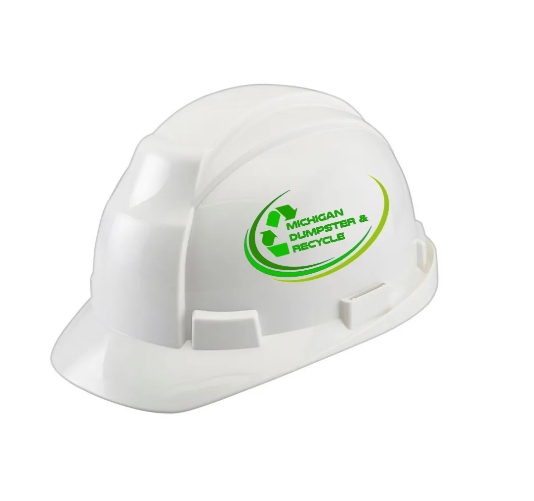 White hard hat with the Michigan Dumpster & Recycle logo