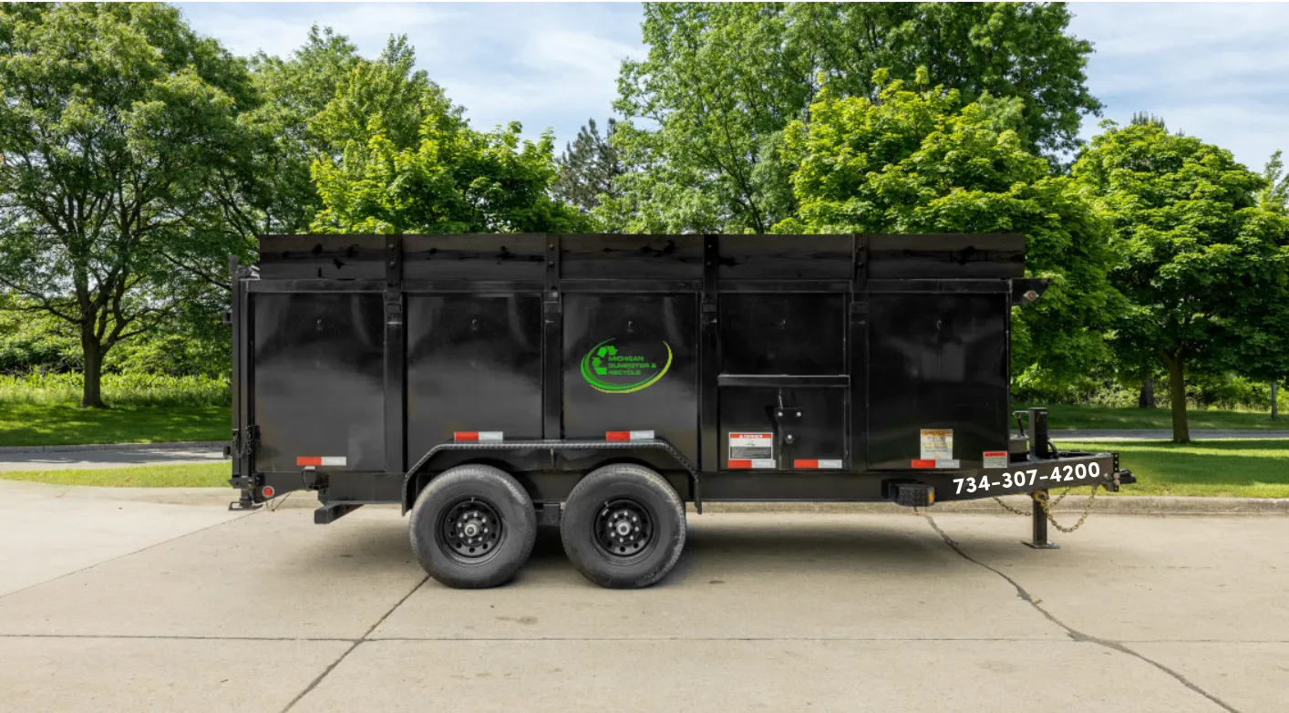 Michigan Dumpster & Recycle dump trailer with phone number 734-307-4200